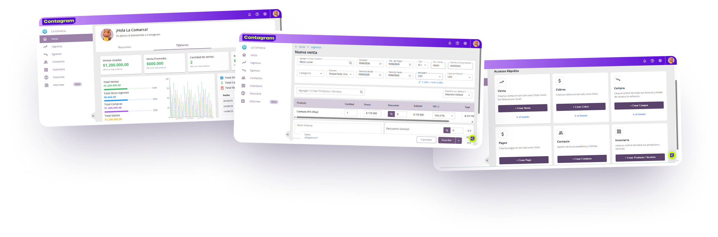 Panel de Control de Contagram con tableros, nueva venta en dólares y accesos rápidos
